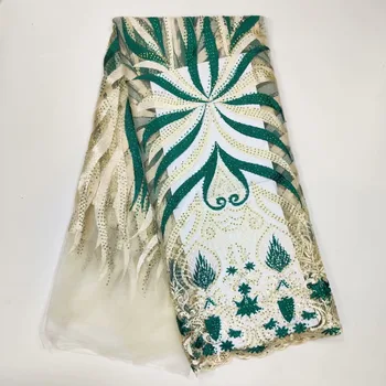 

Latest Rhinestone French Lace Fabrics 2019 Green Gold High Quality African Tulle Lace Fabric For Wedding Dress Lace Material