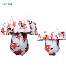 Funfeliz/купальный костюм для мамы и дочки Одинаковая одежда для плавания для всей семьи купальный костюм с открытыми плечами для женщин, бикини для девочек, цельный купальник