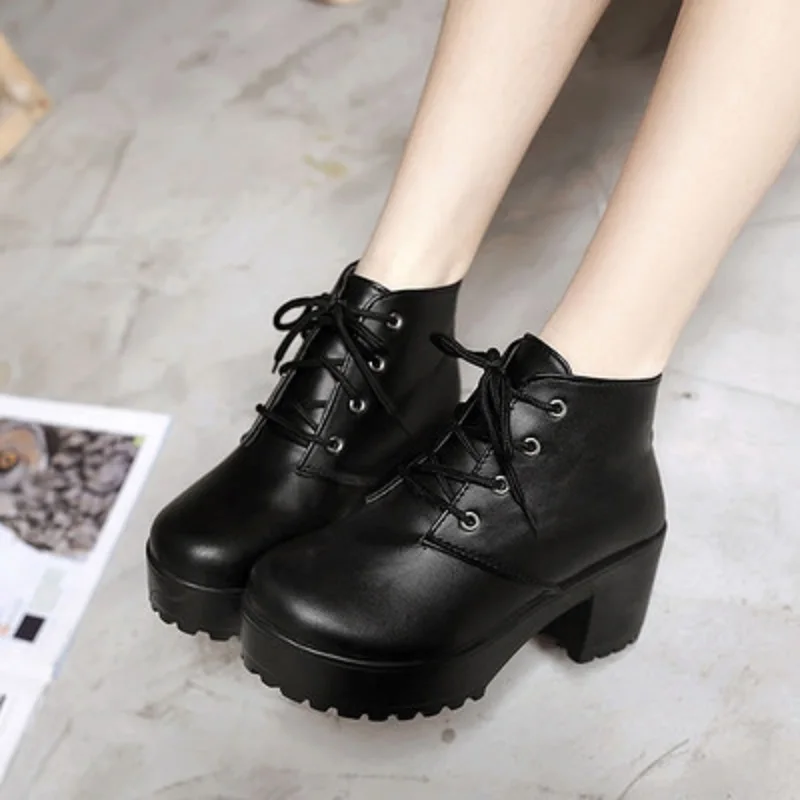 

Brand Designers 2018 New Spring Autumn Women Shoes Black High Heels Boots Lacing Platform Ankle Boots Chunky Size 35-39