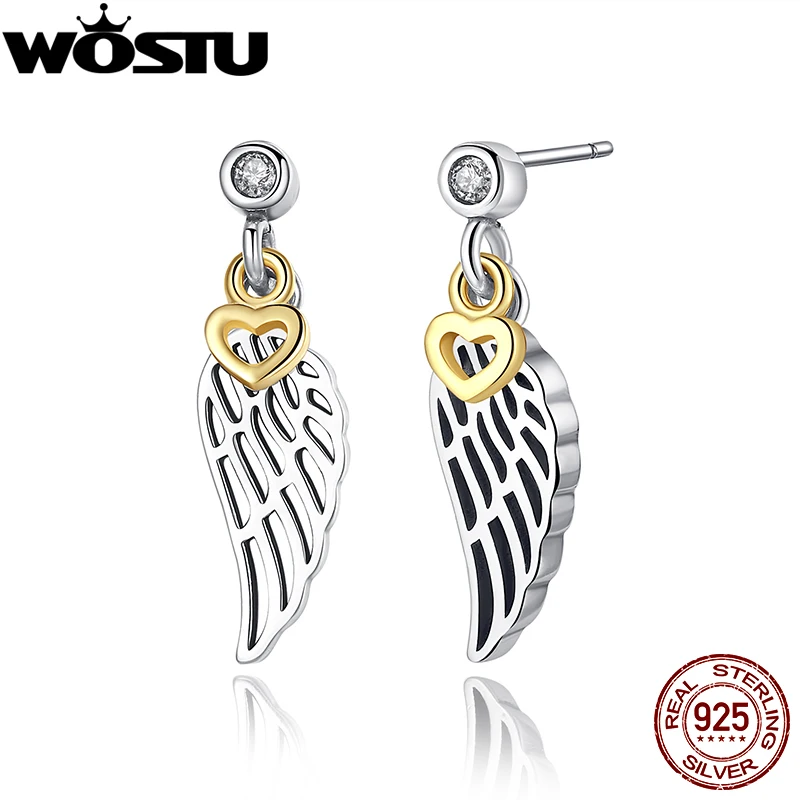 

100% Pure 925 Sterling Silver Love & Guidance Feather Stud Earrings With Gold Color For Women Original Fine Jewelry Gift