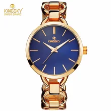 KINGSKY Marca de Moda Las Mujeres Del Reloj de Oro Rosa de Aleación de Reloj de Cuarzo Popular Azul Color Dial Pulsera de Las Señoras Relojes Montre Femme