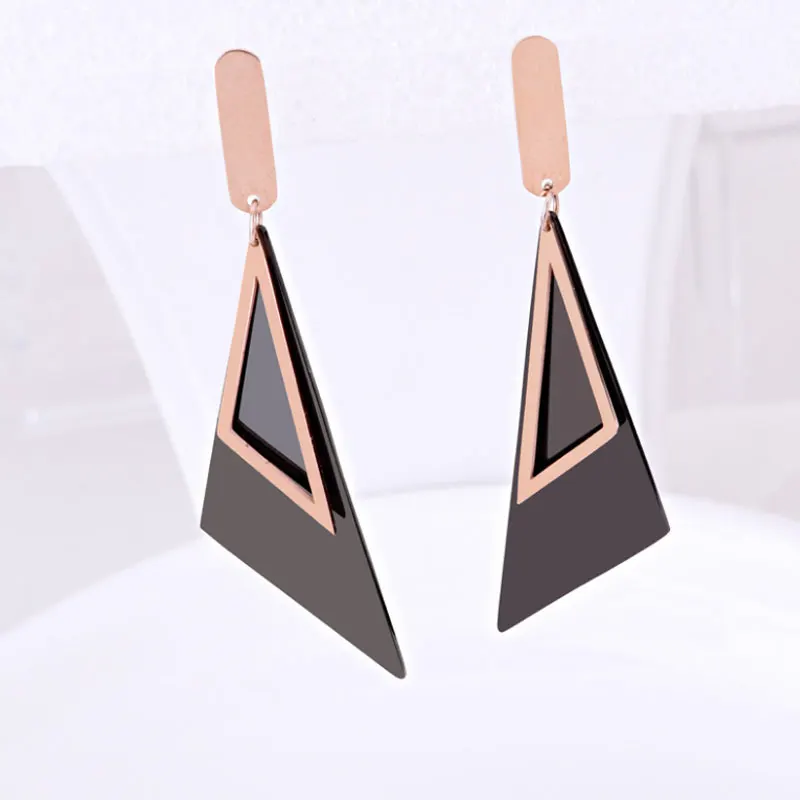 

High Quality Brand Design Square Triangle Titanium Steel Earrings Black Piece Long Pendant Triangle Earring for Woman