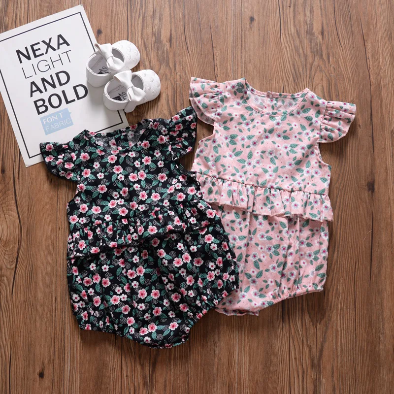 

rompers baby summer 1-3 years newborns clothes onesie for infant girls clothes flutter sleeve print floral cotton black pink
