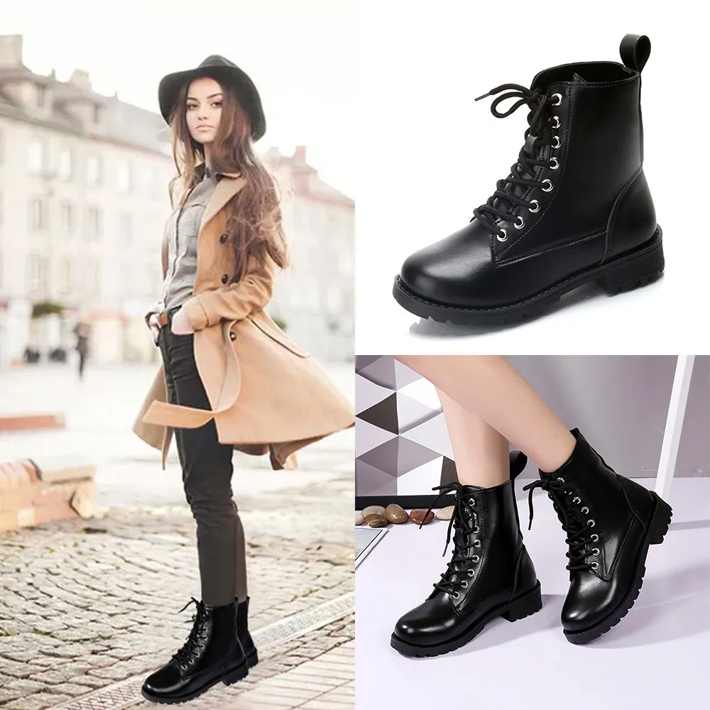 Botas de mujer de moda de cuero sólido medio con cordones gruesas botas  zapatos de punta redonda al aire libre de cuero de PU zapatos de invierno  de mujer T #|Botas hasta