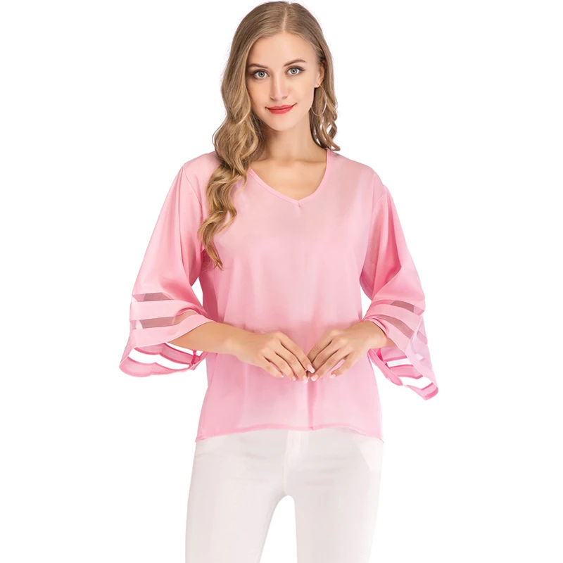 

FLORATA Sexy V Neck Casual Loose Blouse Solid Tops Women Chiffon Shirt 2018 Summer Flare Sleeve Mesh Patchwork Blusas Tops