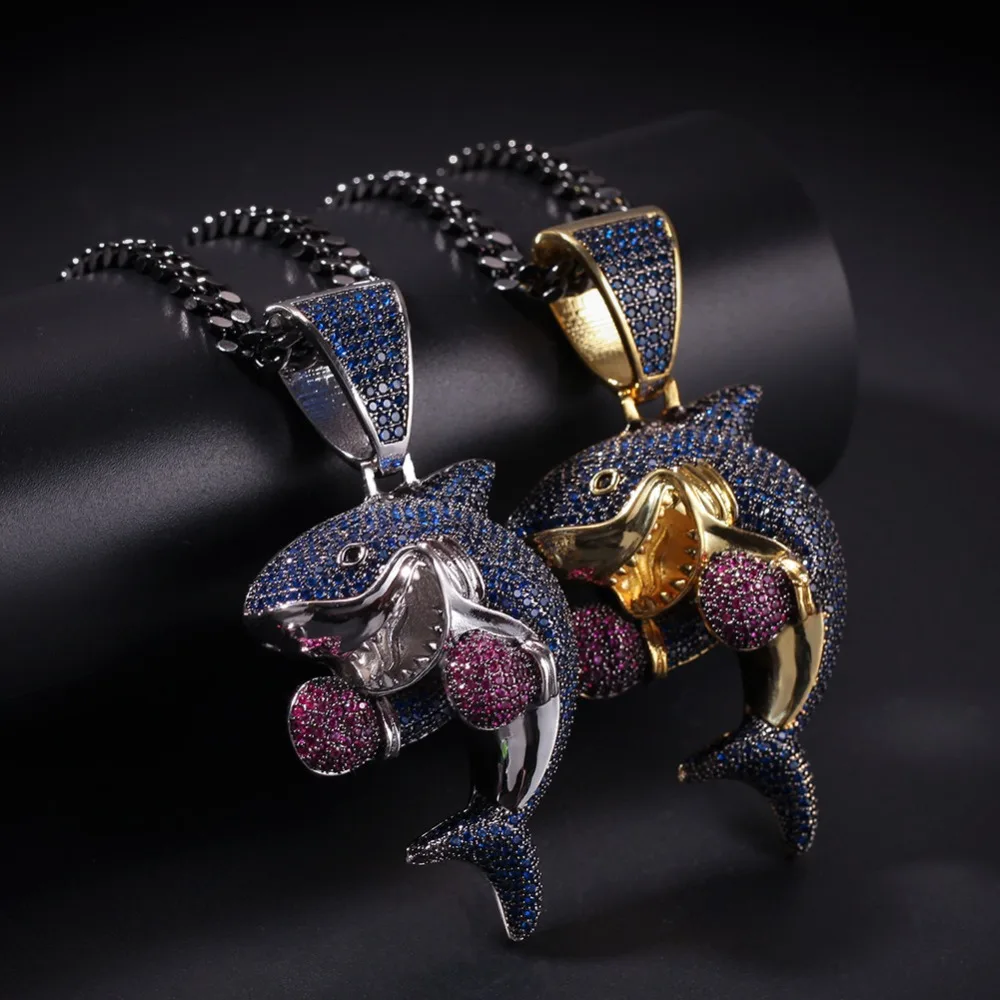 

Colored Boxing Shark Women Men Pendant Necklace Bling Iced Out Purple Blue Cubic AAA Zirconia Hip hop Jewelry Drop Shipping
