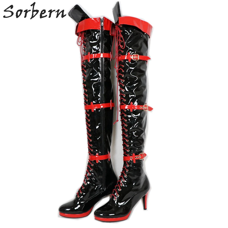 Sorbern botas altas el muslo para hombre y mujer, zapatos de plataforma para travestis, color negro y rojo, cordones, botas personalizadas para piernas gruesas|Botas sobre la rodilla| - AliExpress