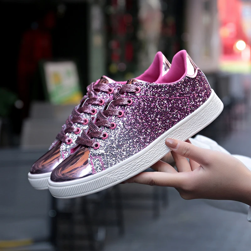 

UNN Female Casual Shoes Mixed Colors Pink Glossy Fashion illusion Women's Shoes Bling Flats Sneakers