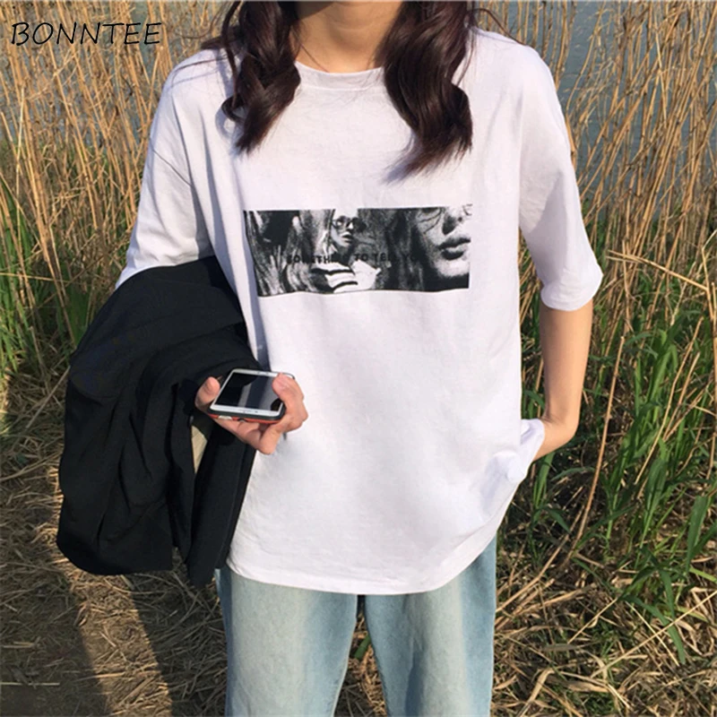 

T-shirts Women Printed Korean Style High Quality Ladies Simple O-Neck All-match Womens Summer Students Loose Streetwear T-shirt