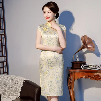 

Elegant Floral Women Chinese Style Qipao Rayon Short Sleeve Girl Summer Dress Vintage Stage Performance Cheongsam Big Size 3XL