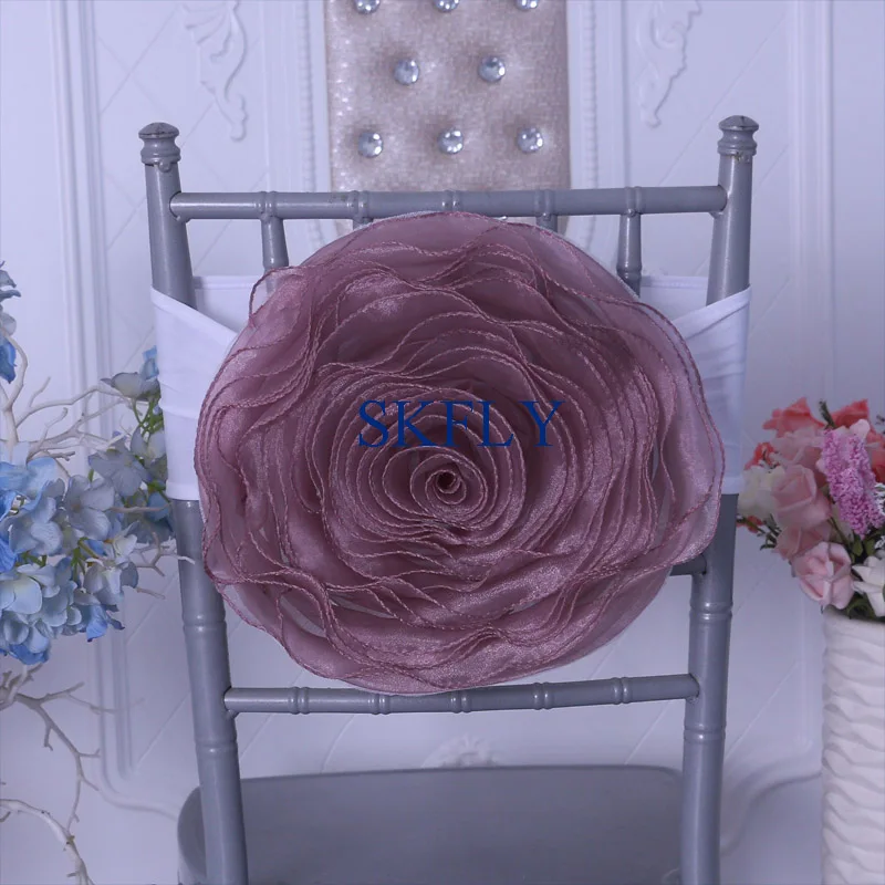 

CH091R 2019 new many colors wedding decoration large organza Bean paste chair artifical rose flower with white spandex band