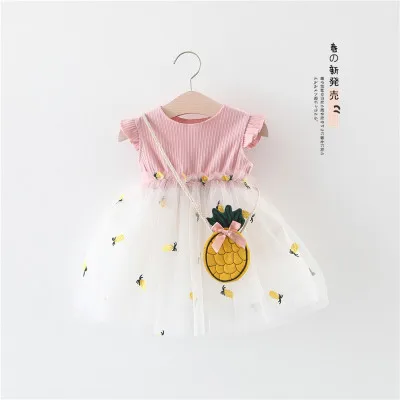 -W19-Pink- Платье для малышей; коллекция года; летнее однотонное платье без рукавов с открытыми плечами, бантом, цветочным принтом, вышивкой в виде фруктов; газовое мини-платье выше колена - Цвет: -W19-Pink-