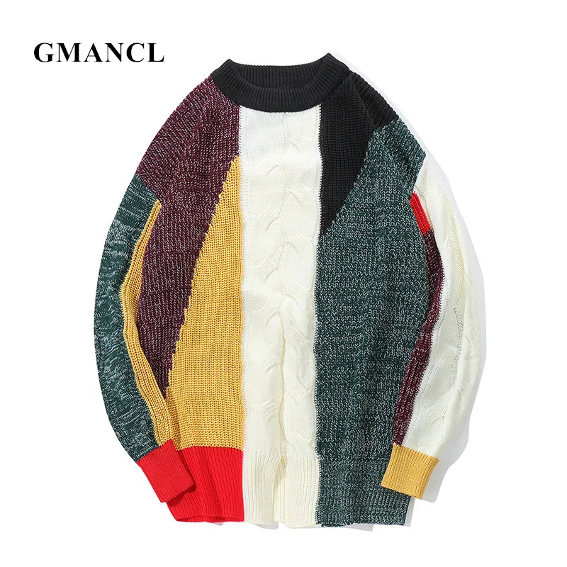 

GMANCL Autumn 2018 Mens New Personality Patchwork Hip hop Sweater Cotton Loose Streetwear Oversized O-Neck Mens Casual Pullover