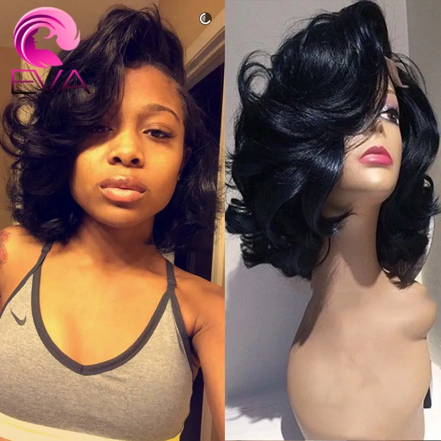 Virgin Brazilian Wavy Short Wigs For Black Women Glueless Lace Front Human Hair Bob Wigs With