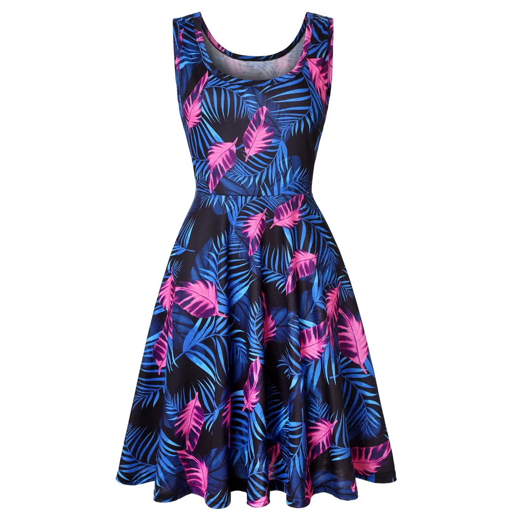 

Vintage Tropical Palm Leaves Summer Dress Women Sleeveless Round Neck Knee-Length Dress Female Party Dress 2019 Vestidos