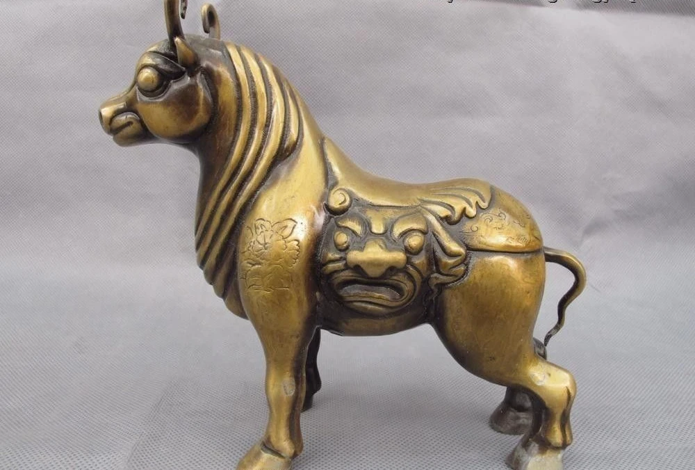 

Chinese Folk Copper Bronze Fengshui Lucky Two Beast Cattle bull bossy Wild ox