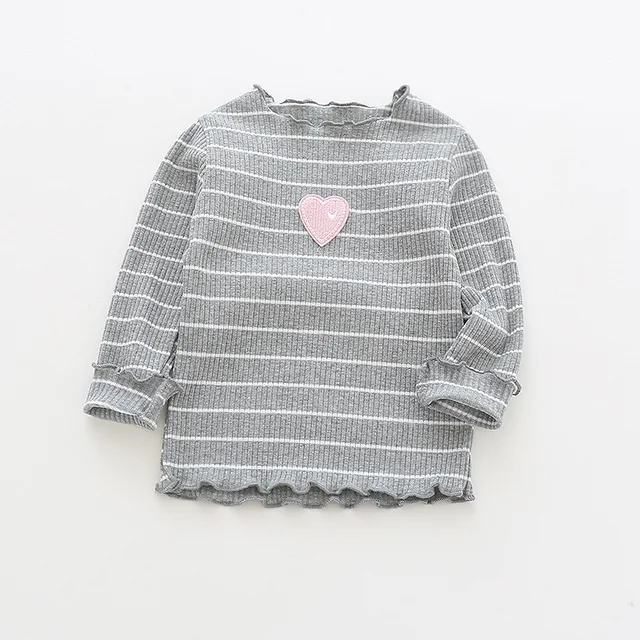 2018 Fall Baby Girls Striped Knit Tops Toddler Kids Full Sleeve Heart Embroidered Cotton T Shirt Ruffle Child Clothes For1-6 Yrs