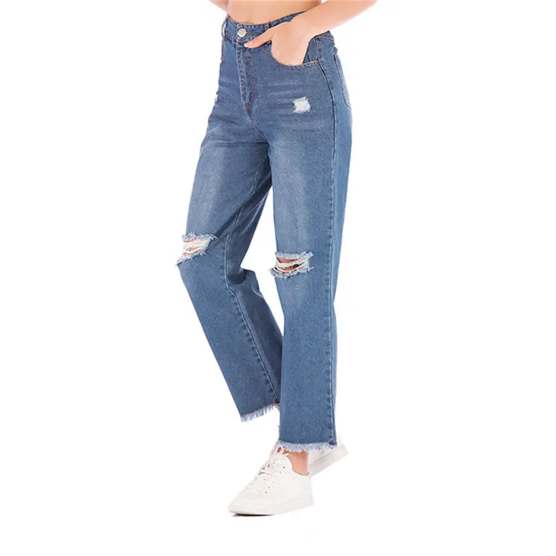 Новые модные женские осенние эластичные плюс свободные дырки джинсовые повседневные широкие брюки укороченные джинсы оверсайз карманные