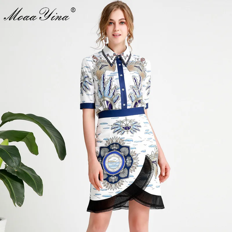 

MoaaYina Fashion Designer Set Spring Summer Women Crystal Beading Turn-down Collar Print Shirt Tops+skirt Two-piece suit