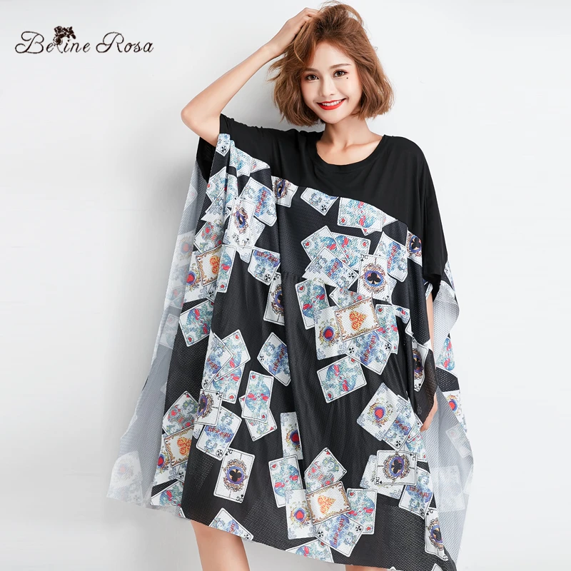 BelineRosa 2019 Women's Big Sizes Tunic Dresses European Fashion Poker Printing Shirt Dress Female XE000093