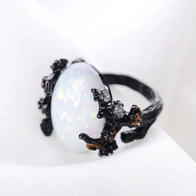 Vintage Black Gold White Fire Opal Tree Flower Wedding Rings