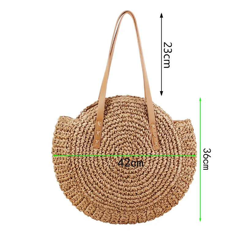  REREKAXI Hand-woven Round Woman's Shoulder Bag Handbag Bohemian Summer Straw Beach Bag Travel Shopp - 32884510075