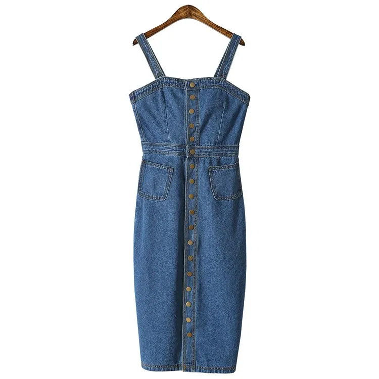 Женское джинсовое платье повседневное винтажное синее комбинезон облегающее