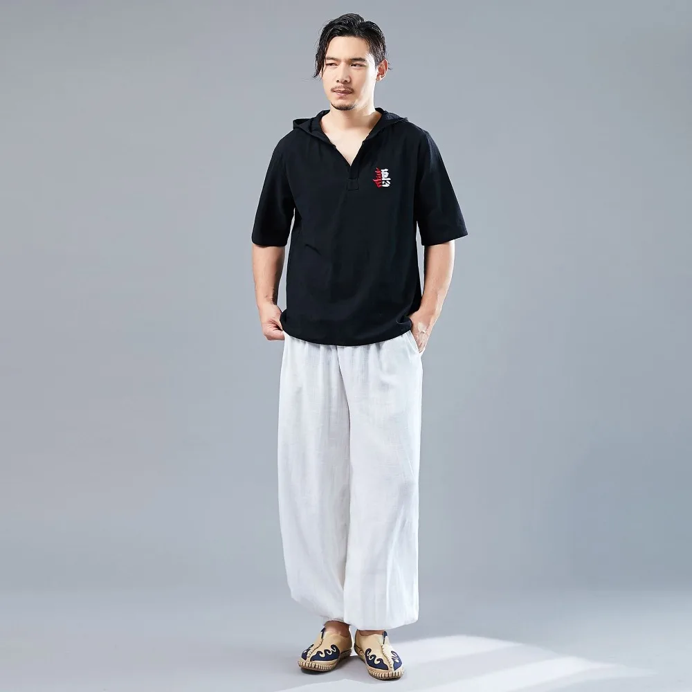 LZJN 2019 Men's Shirt Summer Style Hooded Short Sleeve Blouse Top Men New Casual Embroidery Cotton Linen Shirt Camisas De Hombre (25)