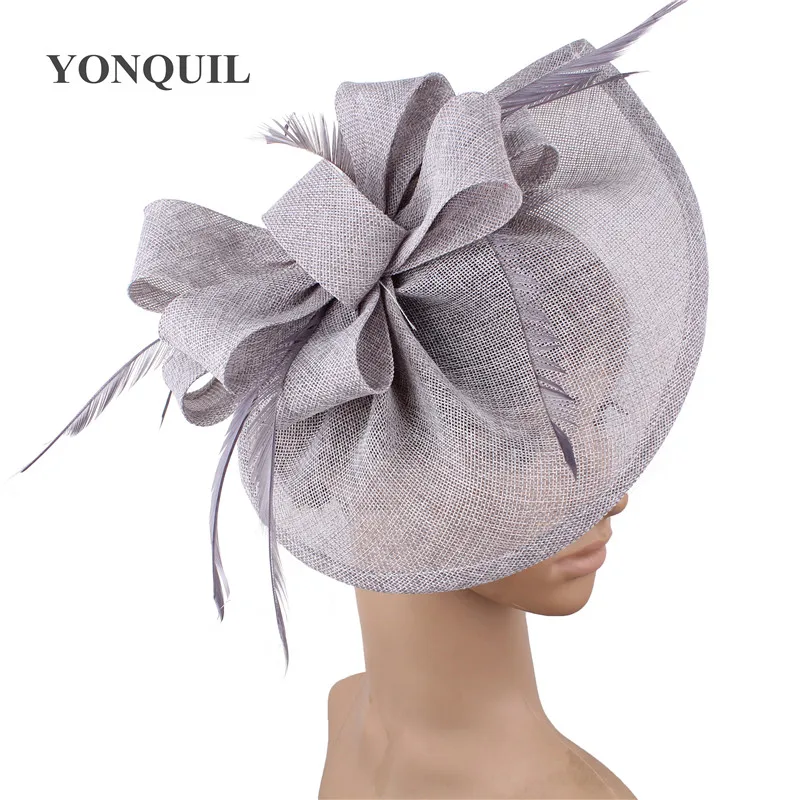 Светло-серый Vintage green wedding hair fascinator hats with fancy feather on head band for women party married race headwear hairclips SYF66 - Цвет: Светло-серый
