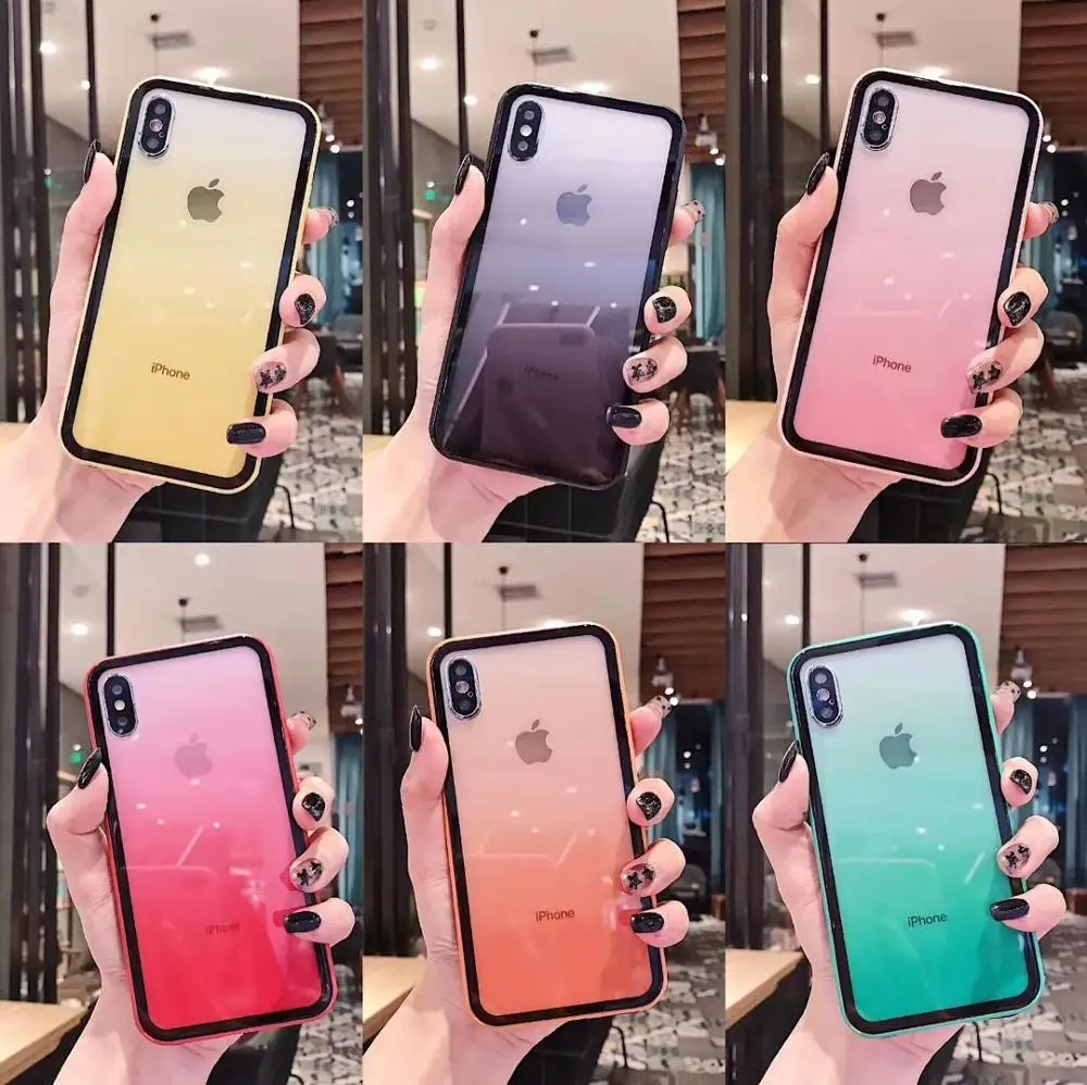 

Dual Color Gradient Transparent Tempered Glass Case for iPhone X XS Max XR Hard Cover for iPhone 8 7 6S Plus Capa Fundas Hull