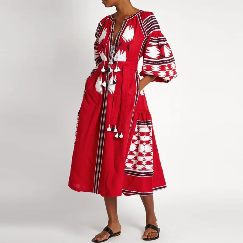 Цыганский этнический стиль Mujer вышивка басня длинное платье Осень Макси платье карман кисточкой пояс вышивка хлопок лен Vestidos Boho