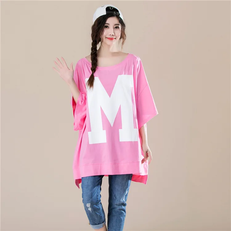 Summer Loose BF Style Oversize Short Sleeve Women T Shirt 2018 Korean Casual Letter Print Top Plus Size White Pink Green T Shirt