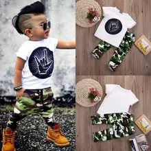 Stylish Infant Toddler Baby Kids Boys Outfits Babies Boy Rock Gesture Tops T-shirt +Camouflage Pants Outfit Set Clothes