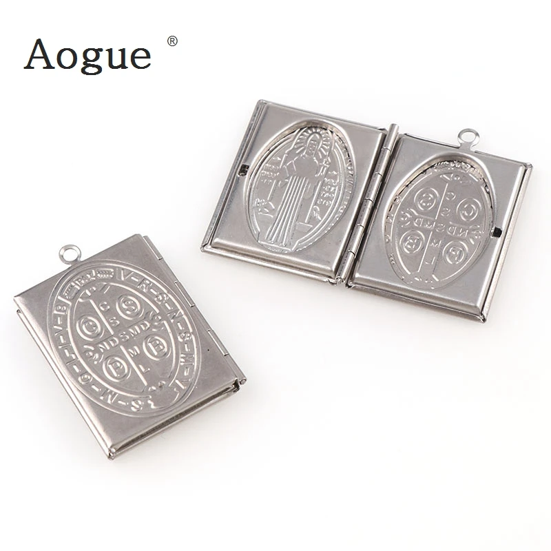 

New Photo Frame Square Circular Necklaces Stainless Steel miracle St. Benedict Medal Charms Locket for Keychain Or Necklace Fash