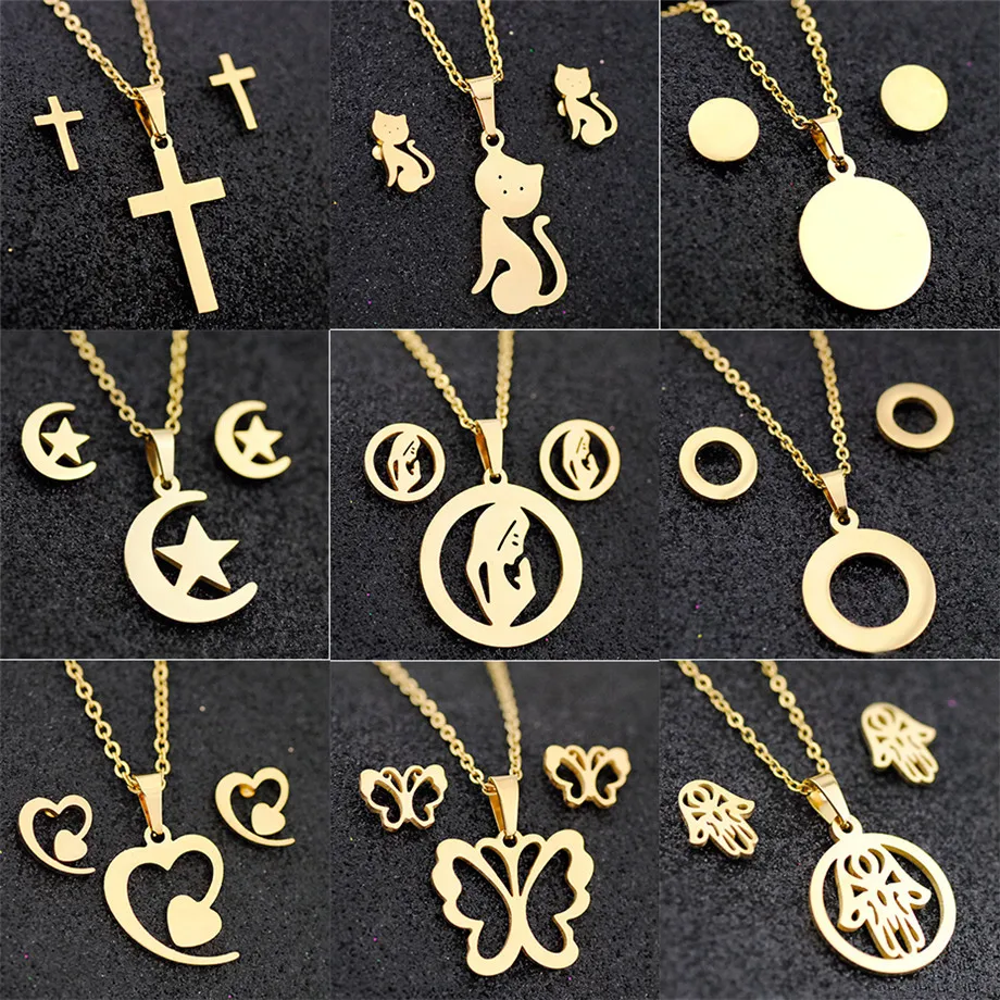 

Virgin Mary Hand Of Fatima Heart Cross Gold Color Stainless Steel Sets For Women Necklace Earrings Jewelry Set Wedding Jewelry