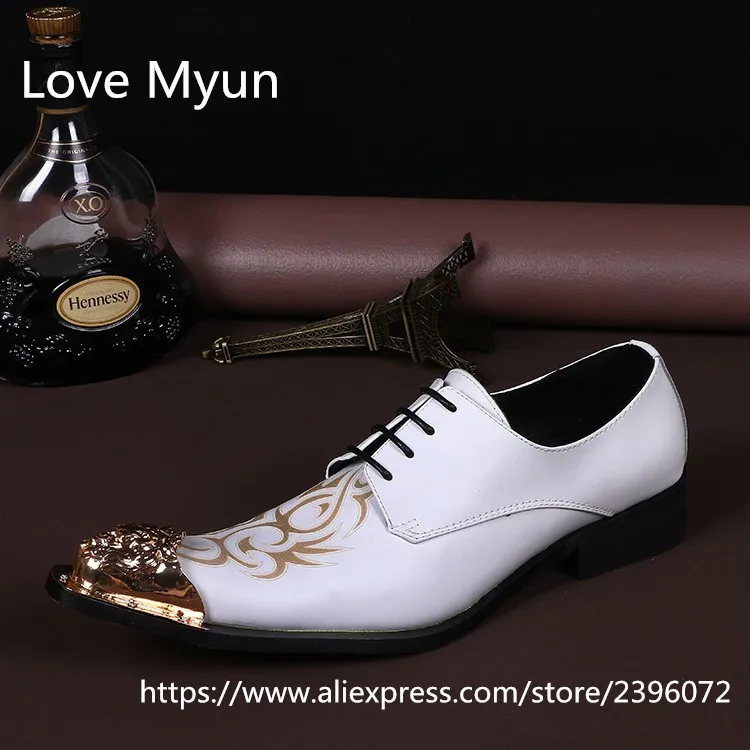 Fashion Carving Mens White Genuine Leather Wedding Shoes Men