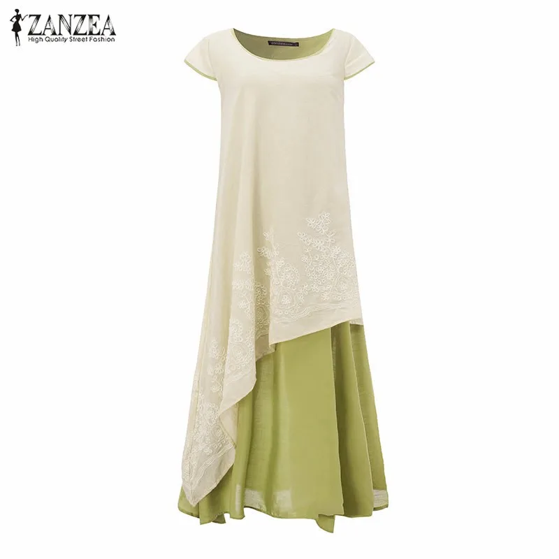 Винтажное женское платье ZANZEA, летнее повседневное свободное платье с круглым вырезом и коротким рукавом, длинное платье макси с вышивкой размера плюс S-5XL