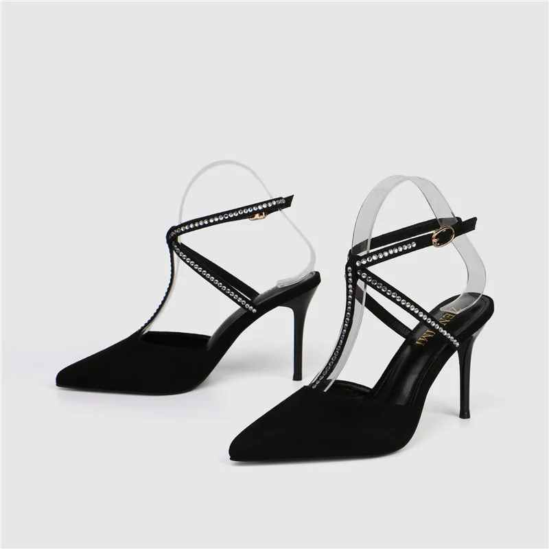 

2019 autumn new fashion simple solid color high heels women suede comfortable rhinestone decorative tip toe casual high heels