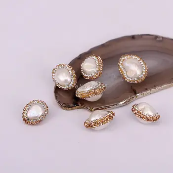 

12PCS Natural pearl beads freedom shape side hole spacer beads, pave golden rhinestone crystal fashion jewelry bead ZYZ160-9891