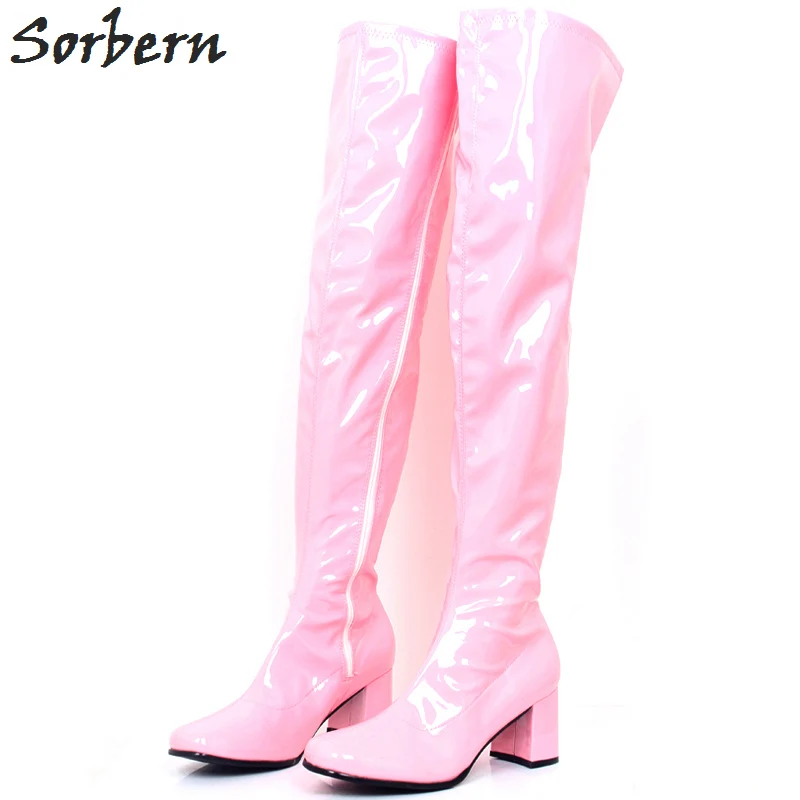 Sorbern Vintage Dance Shoes Custom Wide Calf Over The Knee Women Boots Sqaure Toes Hoof Heels Long Med Thigh High Boots