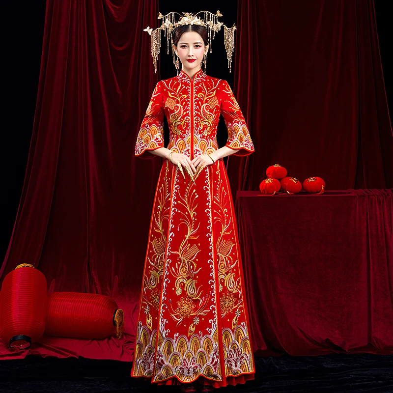 Элегантный полной длины Oriental для женщин Cheongsam костюм красный китайский невесты свадебное платье Классический чеонгсам с цветочным узором тост костюмы