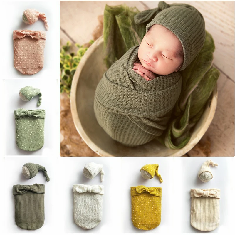 

Newborn Baby Photography Hat+Wraps Props Baby Girl Boy Photo Shoot Knit Bow Outfits Props Infant bebe fotografia Accessories