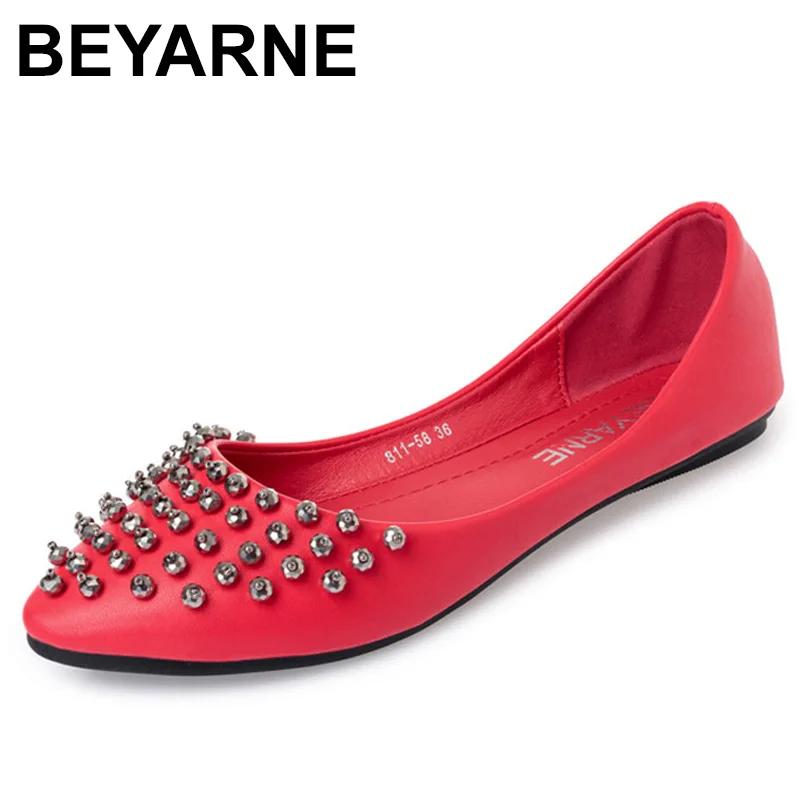 

BEYARNE Lady soft sole Flats casual Shoes for drive pregnant woman boat shoes Women Springsummer Shoes point toe35-41beadingE490