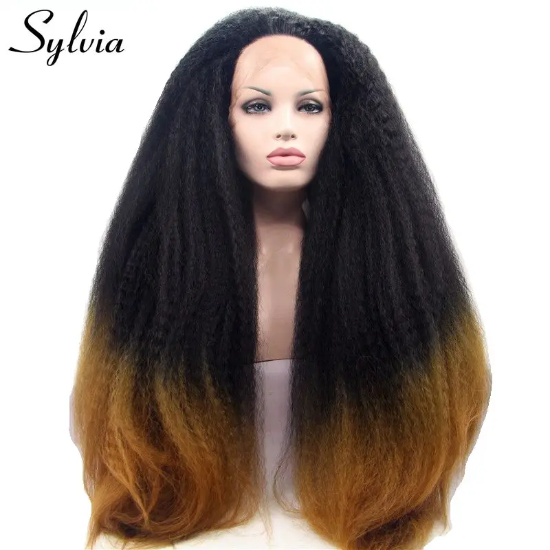 Sylvia длинные свет яки прямые волосы Ombre черного до коричневый жаропрочных волокна синтетические кружева спереди парик для афро-американских