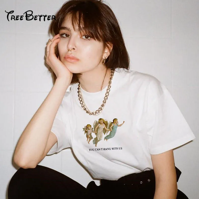 

Angel Printed Spliced Cotton T-Shirt Women O Neck Short Sleeve Casual Women 2019 Summer Outwear