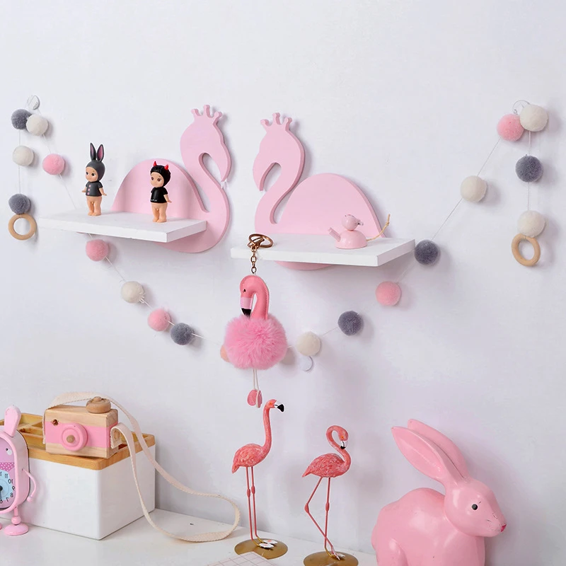 

Nordic Wooden Wall Shelfs Baby Room Decorative Pink Swan Flamingo Wood Hanging Shelf Racks Organizer Storage Shelf Kids' Gift
