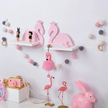 

Nordic Wooden Wall Shelfs Baby Room Decorative Pink Swan Flamingo Wood Hanging Shelf Racks Organizer Storage Shelf Kids' Gift
