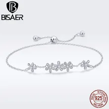 BISAER, настоящее 925 пробы, Серебряный цветок маргаритки, браслеты на цепочке, женские браслеты для женщин, Стерлинговое Серебро, ювелирное изделие, подарок ECB084