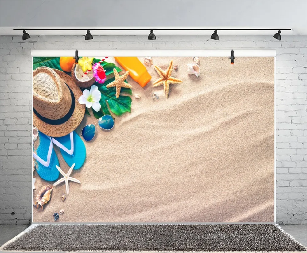 Laeacco Summer Beach Sands Starfish Shells Hat Baby Photography Backgrounds Customized Photographic Backdrop For Photo Studio