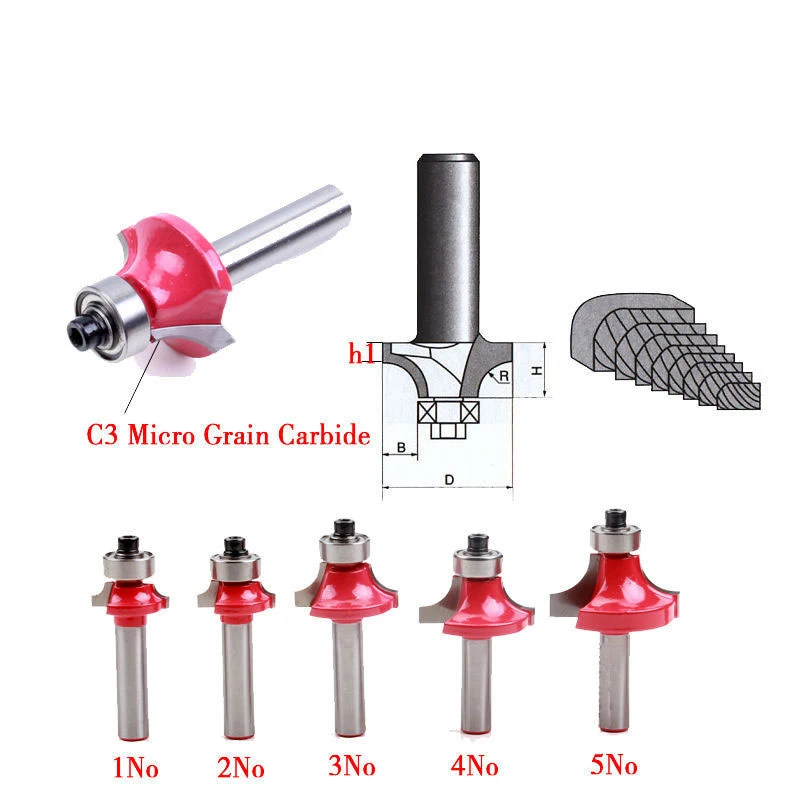 

5pcs/set High Quality Roundover Bit with Bearing 8mm shank Dovetail Router Bit Cutter wood working